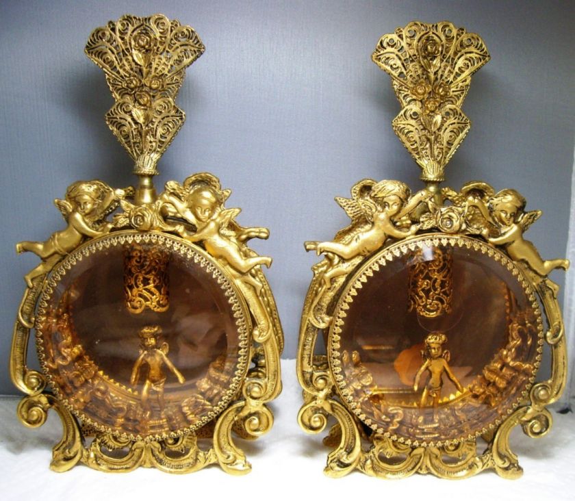   KT Gold Plated ORMOLU CHERUB CHERUBS Filigree Perfume Bottles  