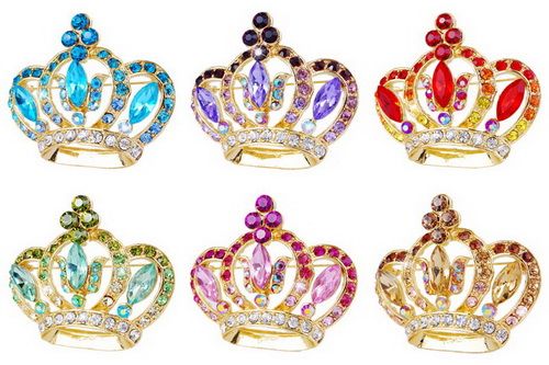 W22968 6p Crown Rhinestone 50*55mm Golden Brooches Pins  