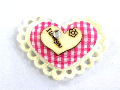 15 MIX HEART GINGHAM WOOD LACE I LOVE YOU APPLIQUE A666  