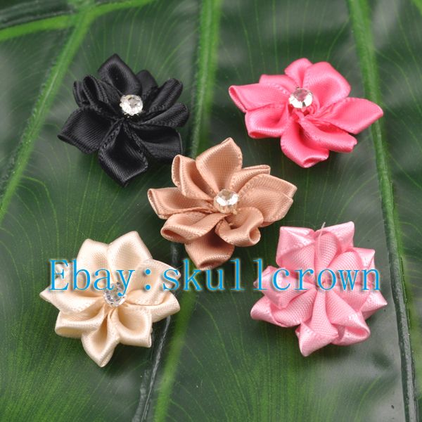   Mix Lots 100pcs Satin Ribbon Flower With Crystal Bead Appliques LA7068