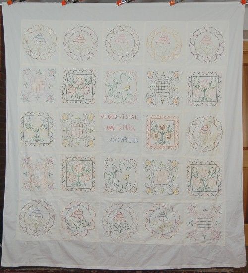 Embroidered Album Quilt SUNFLOWERS Signed, Dated 1932  