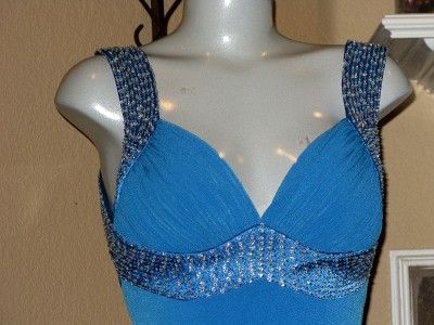 CACHE Royal Peacock Blue Silver Bead Strap Long Sexy Gown Sz 2  