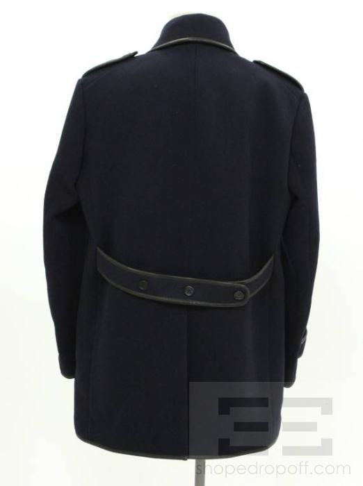 Burberry Prorsum Mens Navy Blue Wool & Black Leather Pea Coat Size 50 