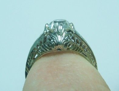 27CT SOLITAIRE ANTIQUE OLD MINE CUT DIAMOND FILIGREE RING 18K WHITE 