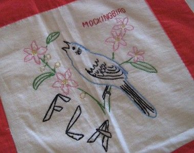   Handstitched and Embroidered STATE BIRDS Quilt Top all Hand Pieced