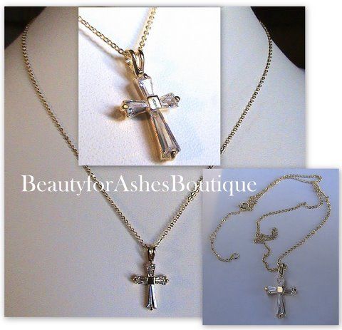 GIRLS/WOMENS BAGUETTE CZ 14K GOLD BONDED CROSS NECKLACE  