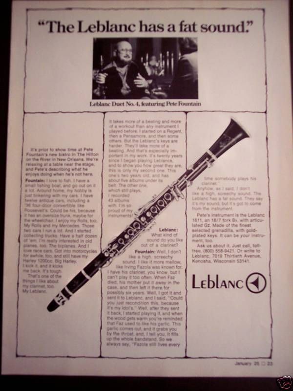 1979 Pete Fountain LEBLANC CLARINET Vintage Music Ad  