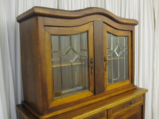   Antique Buffet Server Leaded Glass Doors, Burl & Cross Grain Cut Wood