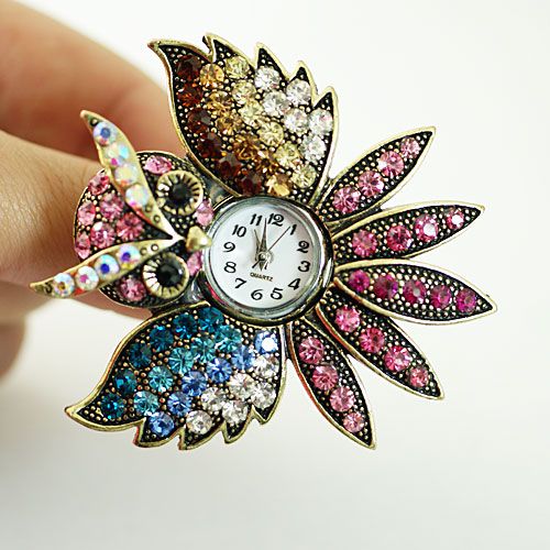 d901 Womens Tibet Silver Owl Rhinestone Crystal Adjustable Ring Watch 