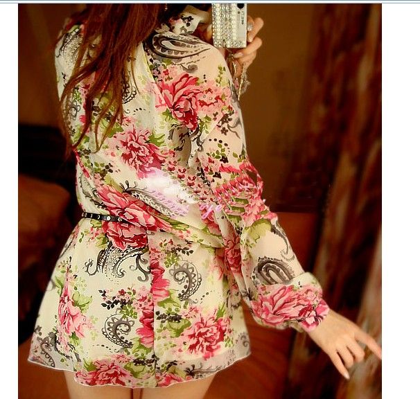 wholesale Elegant Flowers Printed Chiffon Dress Red