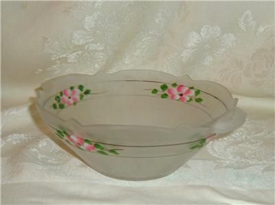 VNTG SHABBY FROSTED HANDLED BOWL HANDPAINTED CHIC ROSES  