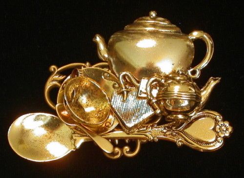 Tea Brooch 24 karat Gold Plate Pot Kettle Cup Spoon Bag  