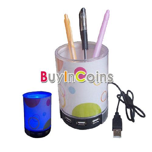 New Pretty 4 Ports USB 2.0 Hub Colorful Pen Holder Speaker LED Night 