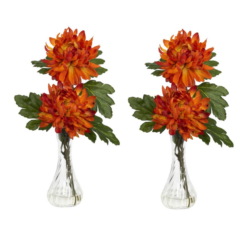 Set/2 Fall Bud Vase Silk Mum Double Bloom Flower Arrangements ~ Nearly 