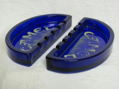 Camel Advertising Cobalt Blue Half Moon Ashtrays   Matching Set of Two