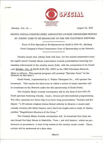 1974 CBS press release Johnny Cash hosts music awards  