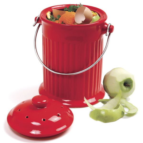Norpro 93R Ceramic Compost Keeper / Kitchen Composter, Red 