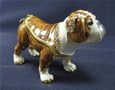 Tan English Bulldog Trinket Box Swarovski Bejeweled  