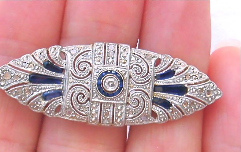 ANTIQUE ART DECO .28ct DIAMOND SAPPHIRE BROOCH PIN 1930  