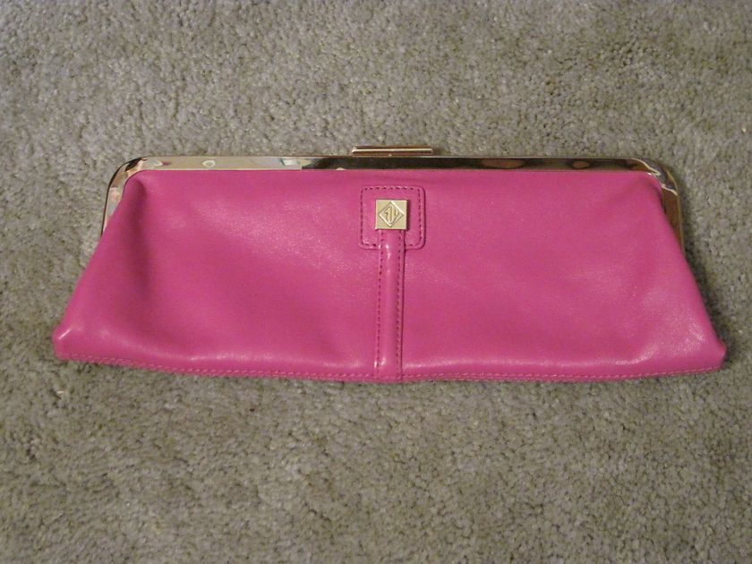 NWOT EILEEN WEST HOT PINK LEATHER CLUTCH HANDBAG BRASS  