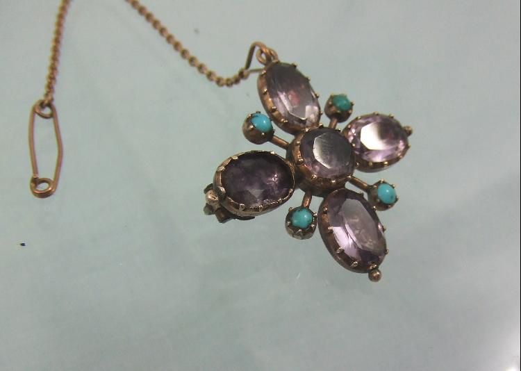 GEORGIAN GOLD SET CROSS BROOCH AMETHYST & TURQUOISE  