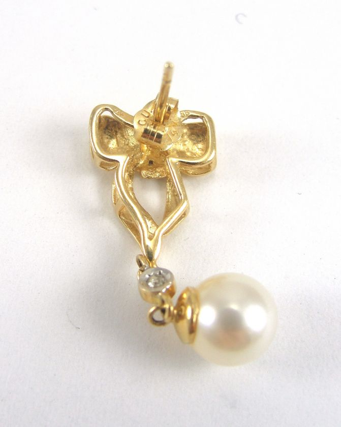   Gold Earrings Diamond Cultured Pearl Dangle Bow Stud Earrings 1 1/4