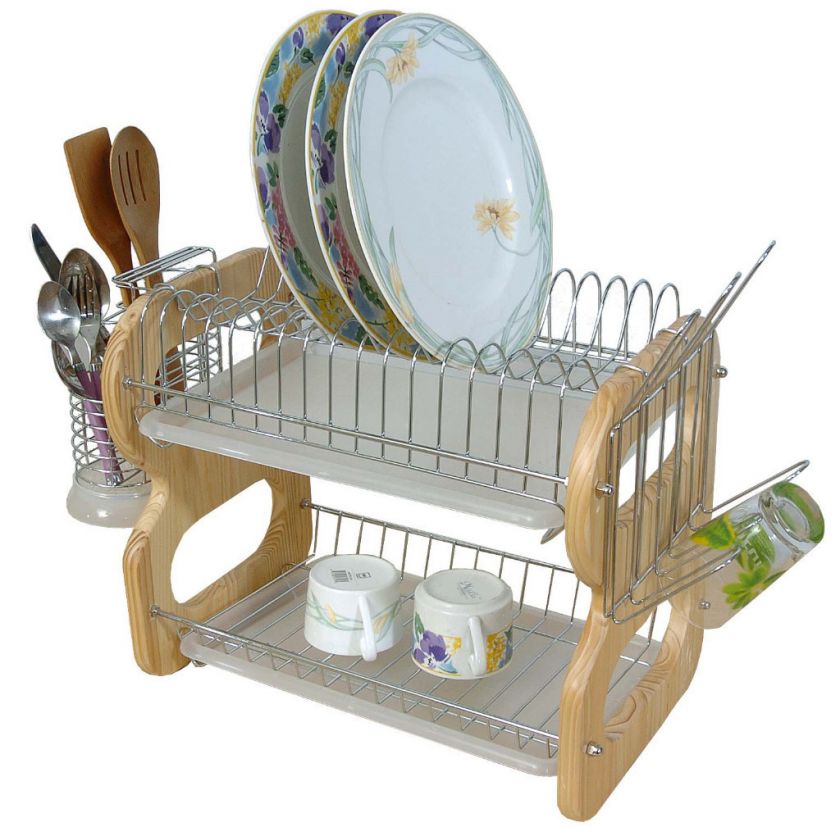 Tier Dish Rack Set With Wooden Panel  