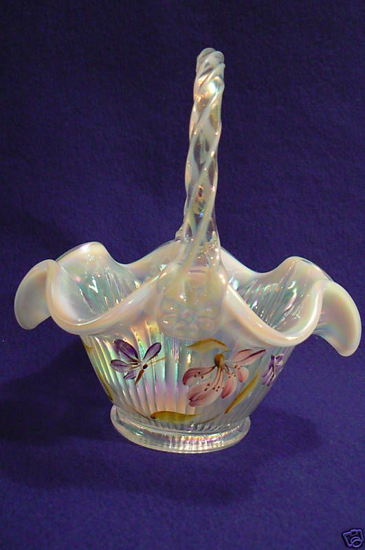 Fenton 8 1/2 French Opal Basket HP Butterfly & Flowers  