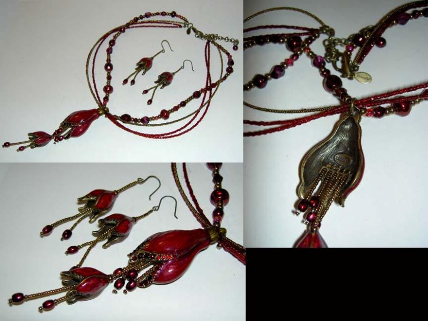 CHICOS Burgundy Enamel Rhinestone Seed Bead Dangle Flower Earrings 