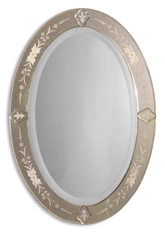 This frameless mirror features an etched, antiqued, beveled mirror 