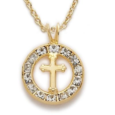 14K Gold on Silver CubicZ Circle Cross Pendant Neckla  