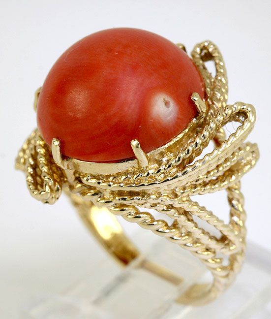   MM NATURAL CORAL CABOCHON & 14K YELLOW GOLD ORNATE ROPE RING BARGAIN