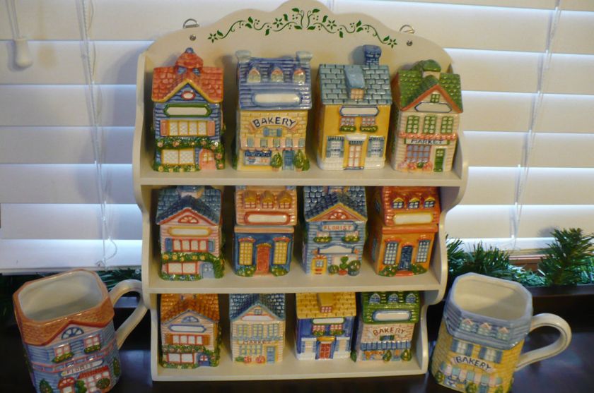   Ceramic Cottage Collection Spice Rack & Jars Coffee Cups Mugs EUC