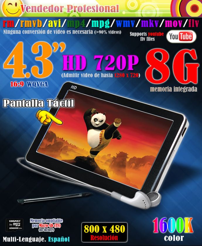   pantalla tactil 16 9 wqvga 1600k color hd720p admitir video