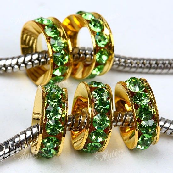 5x Green Crystal Glass Large Hole European Beads Charms  