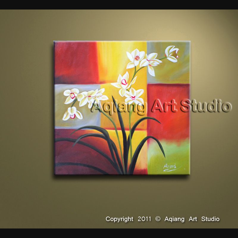 Contemporary Canvas Wall Art Floral Oil Painting White Orchid Flowers 