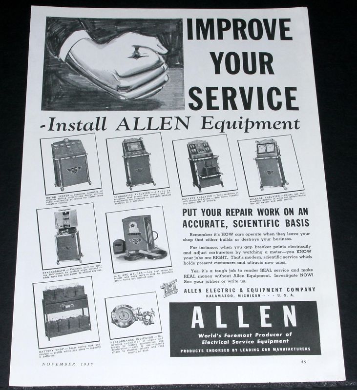 1937 OLD MAGAZINE PRINT AD, ALLEN AUTOMOTIVE EQUIPMENT, SERVICE 