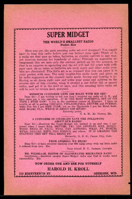 late 1930s Super Midget Crystal Pocket Radio Sale Sheet  