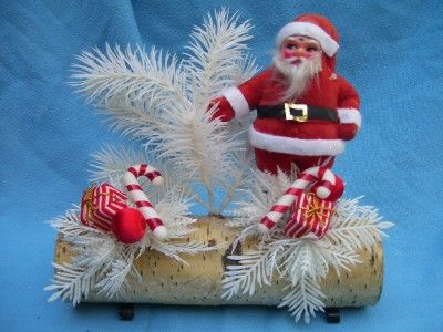 VINTAGE FLOCKED SANTA ON 10 BIRCH BRANCH YULE LOG WHITE PLASTIC 