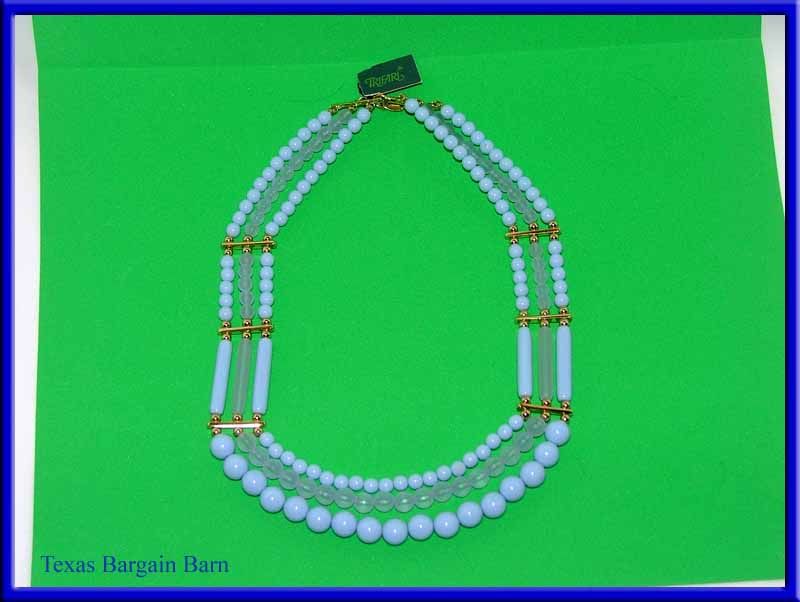 VINTAGE TRIFARI NECKLACE~Blue Bead 3 Strand Chocker NWT   Pearl 