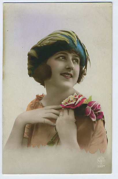 smiling Feathers Hat LADY glamour photo postcard 1920s  